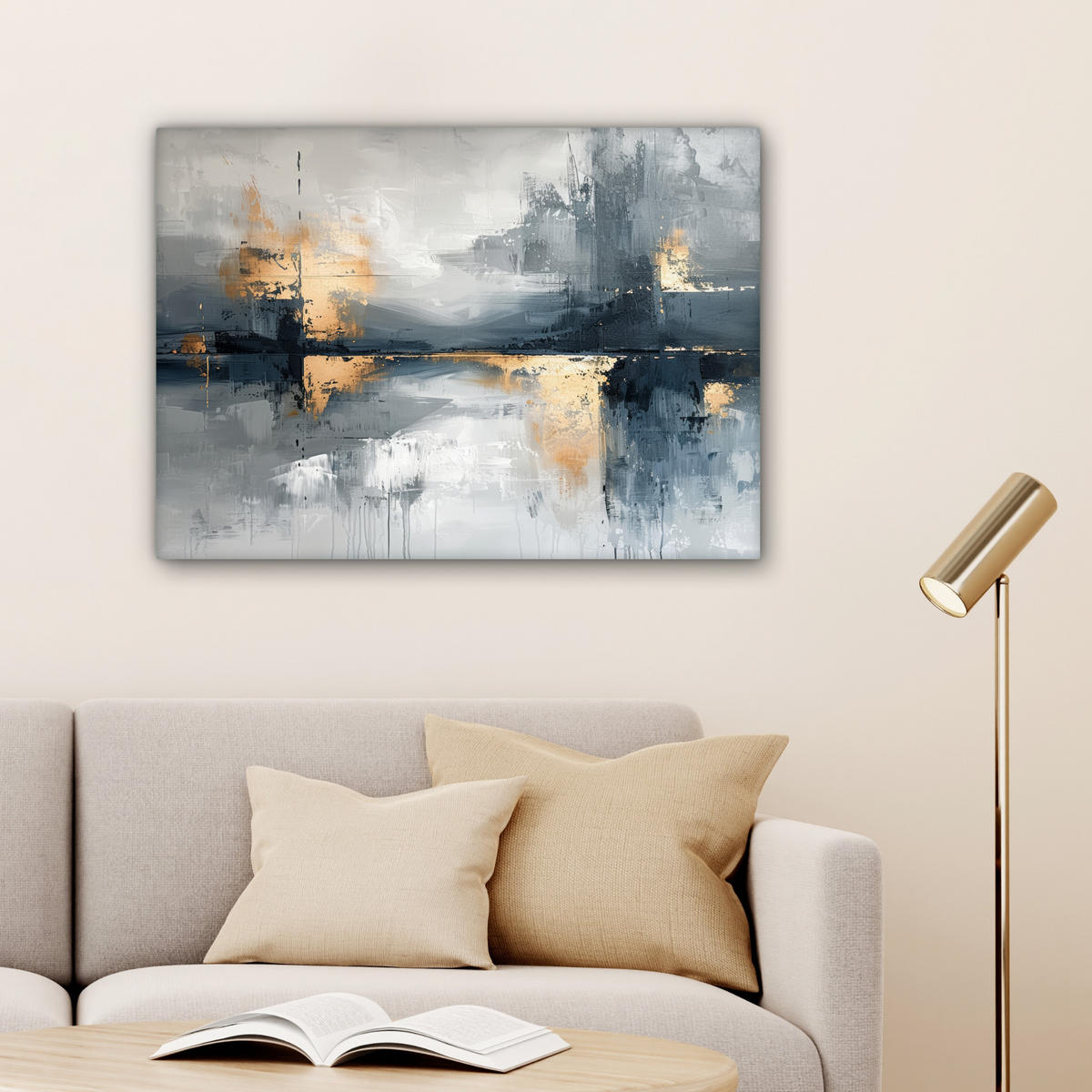 LEINWANDBILD Kunst - Grau - Gold - Abstrakt Wandbilder 80x60 cm - Dunkelgrau, Textil (80/60cm) - MuchoWow