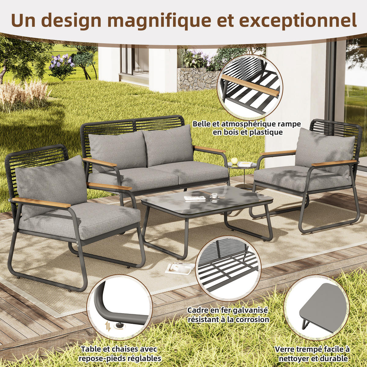 GARTEN Lounge Set für 4 Personen mit Eisenrahmen Glastisch verstellbaren Beinen Sitz und Rückenkissen Grau - Grau, Metall - FLIEKS