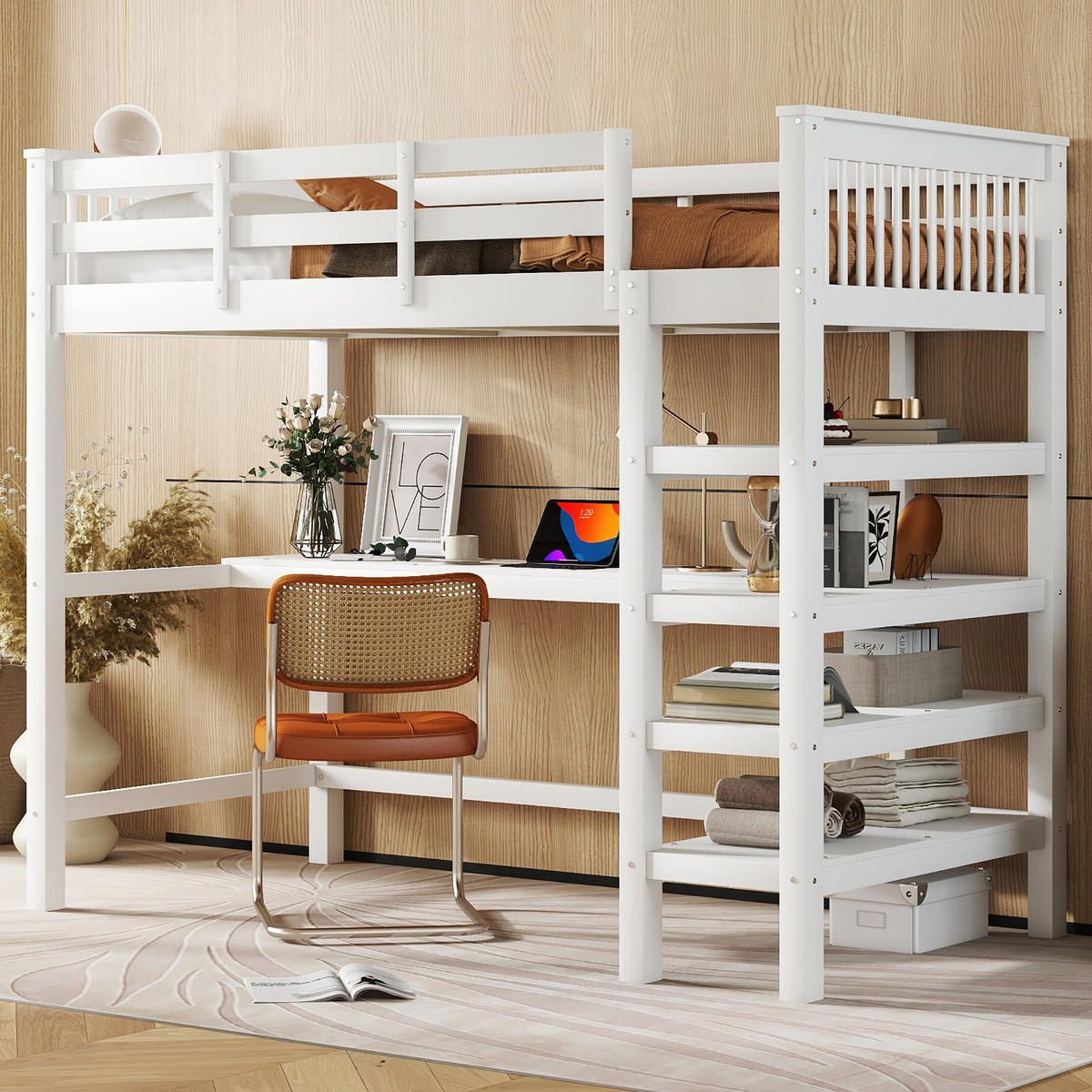 HOCHBETT 90/200 cm Weiß mit Schreibtisch und Ablagefächern - Weiß, Holzwerkstoff (90/200cm) - Flora Grace