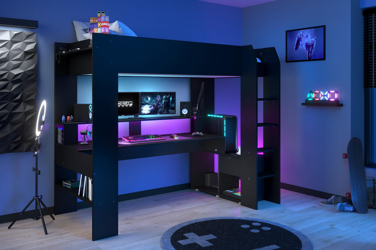 HOCHBETT Online 1 Gaming in Schwarz inklusive LED-Beleuchtung 90 x 200 cm - Schwarz, Holzwerkstoff (90/200cm) - Parisot Meuble
