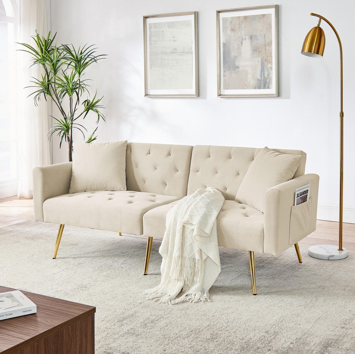 SOFA mit verstellbarer Rückenlehne 2-Sitzer Beige Samt - Beige, Holzwerkstoff (177/74/78cm) - Meubliv