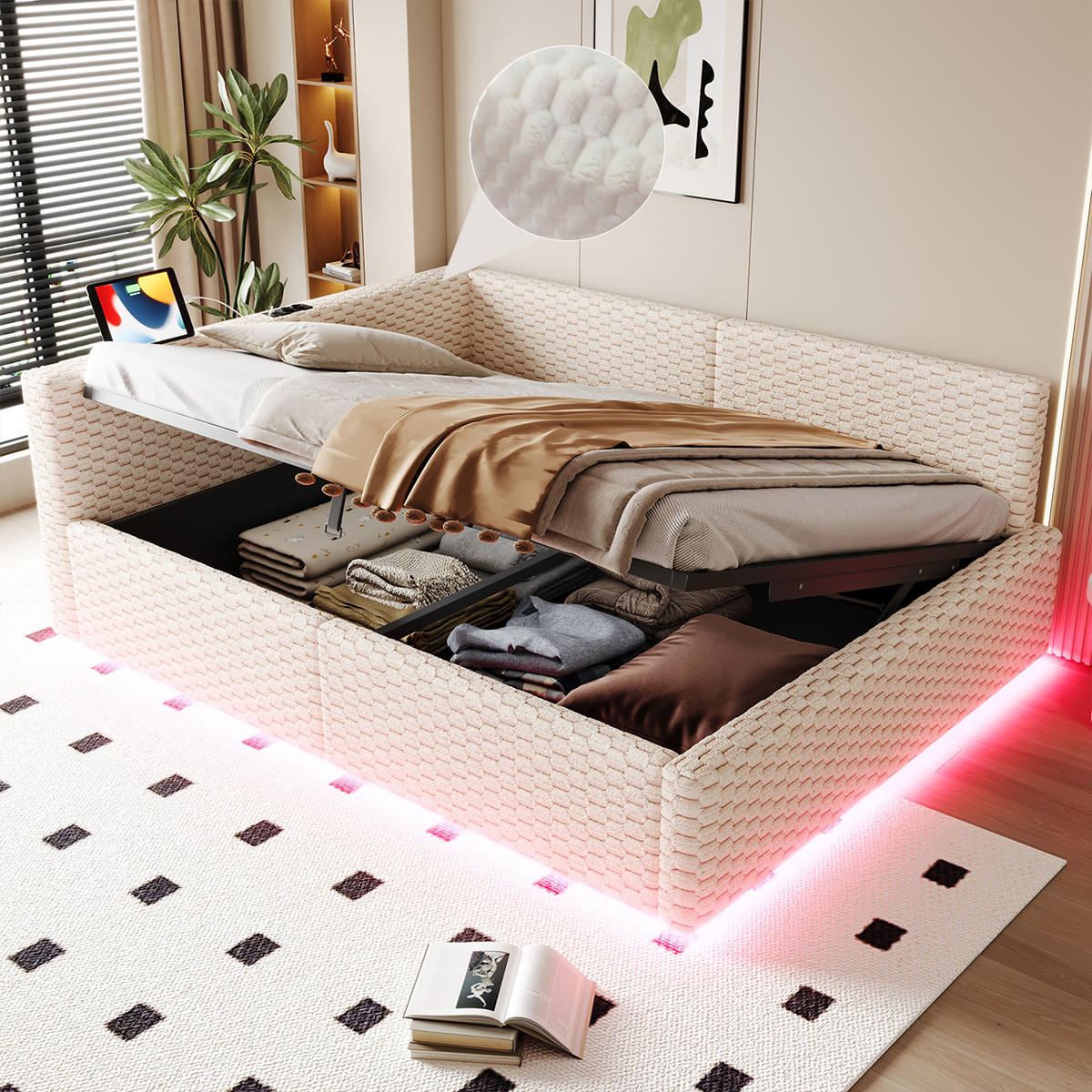 POLSTERBETT 140/200 cm in Beige Samt mit Bettkasten, LED, USB und Type-C - Beige, Holzwerkstoff/Textil (140/200cm) - STILVORA