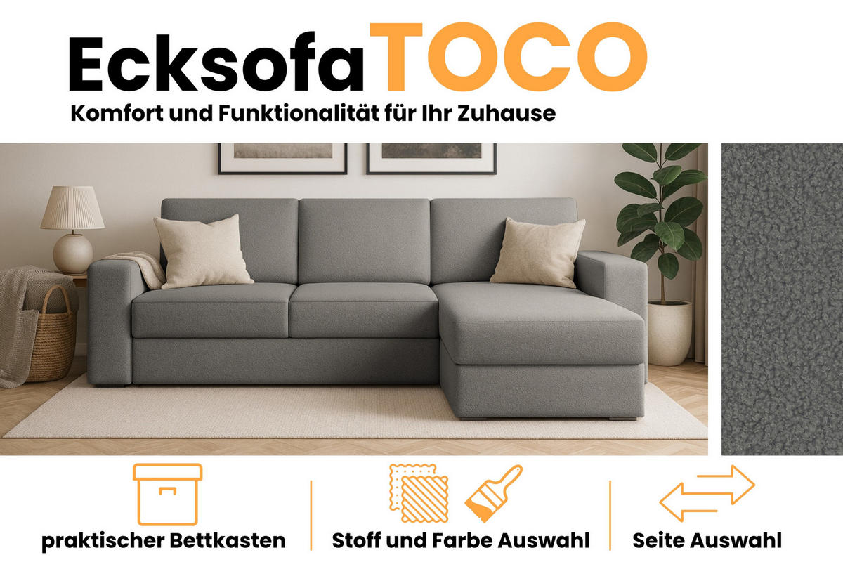 ECKSOFA TOCO L 240x145 cm in Boucle Dunkelgrau rechts - Creme, Holz/Holzwerkstoff (240/145cm) - Deine Möbel 24