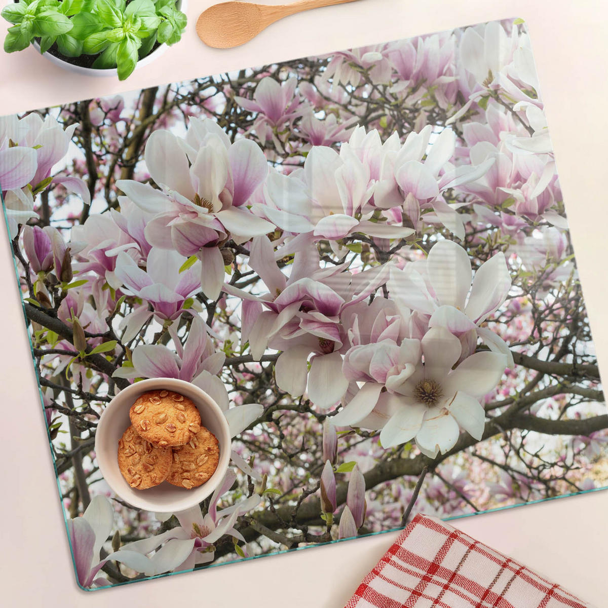 GLASPLATTE 60x52 cm Magnolienblüten - Weiß, Glas (60/0.4/52cm) - TULUP