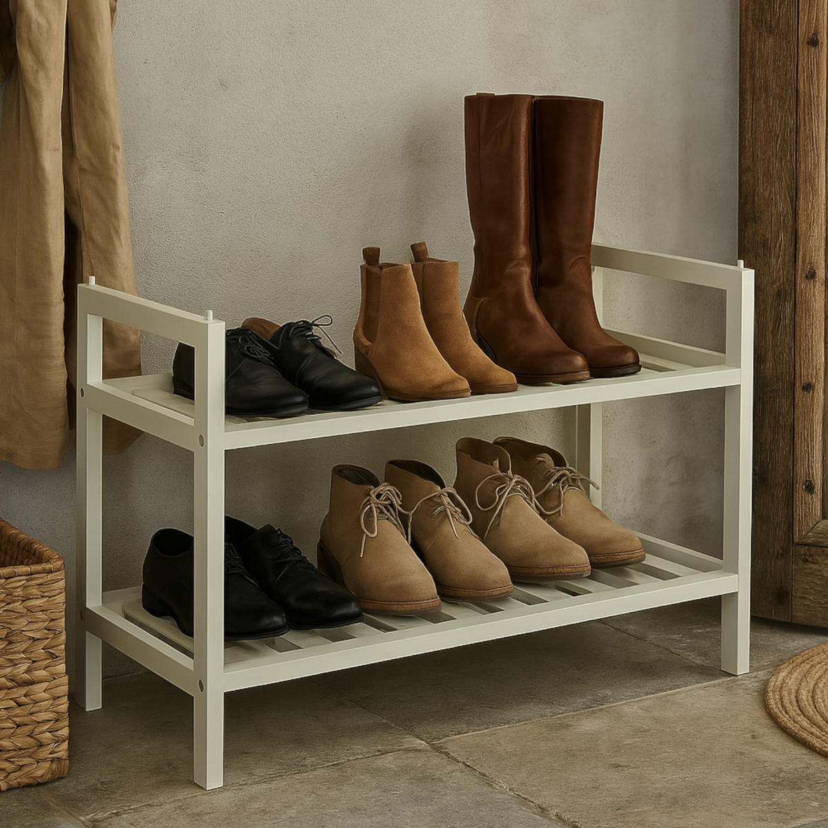 SCHUHREGAL Bambus Weiß 2-stufig 70/27/40,5 cm - Weiß, Holz (70/40.5/27cm) - Begryf