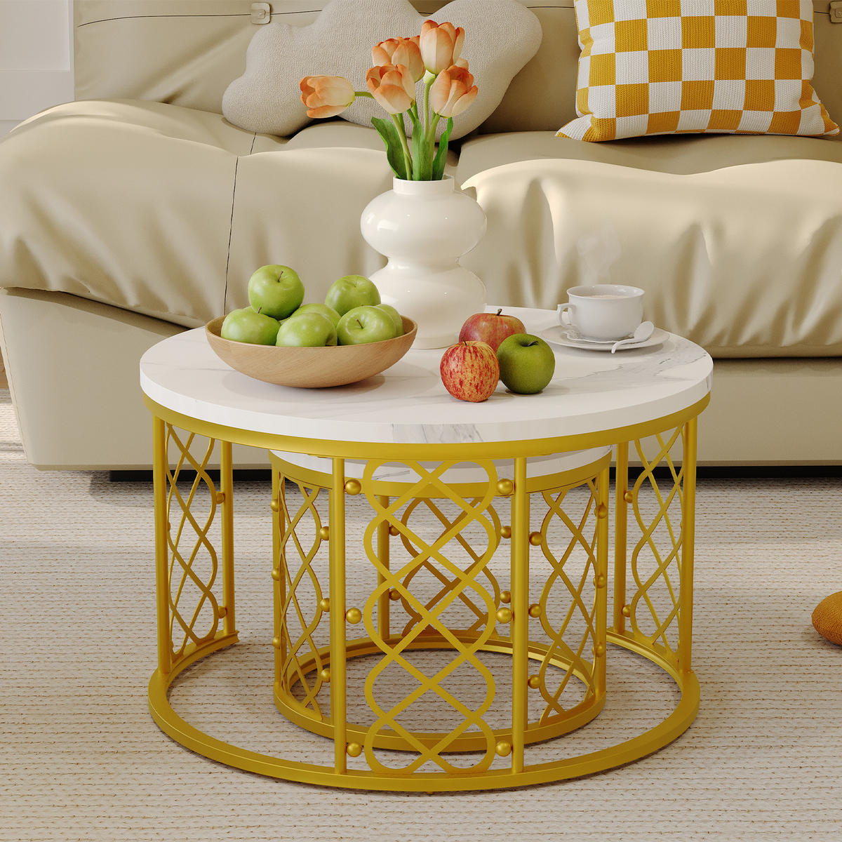 COUCHTISCH 2-teiliges Set 70/70/45 cm und 45/45/37 cm Weiß und Gold Stapelbar mit Stahlrahmen - Goldfarben/Weiß, Holzwerkstoff (70/70/45cm) - OKWISH