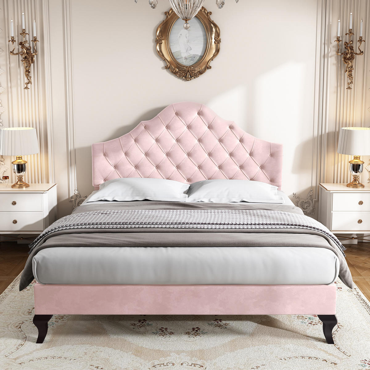 POLSTERBETT mit verstellbarem Kopfteil 140x200 cm Samt Pink - Pink, Metall (140/200cm) - Meubliv