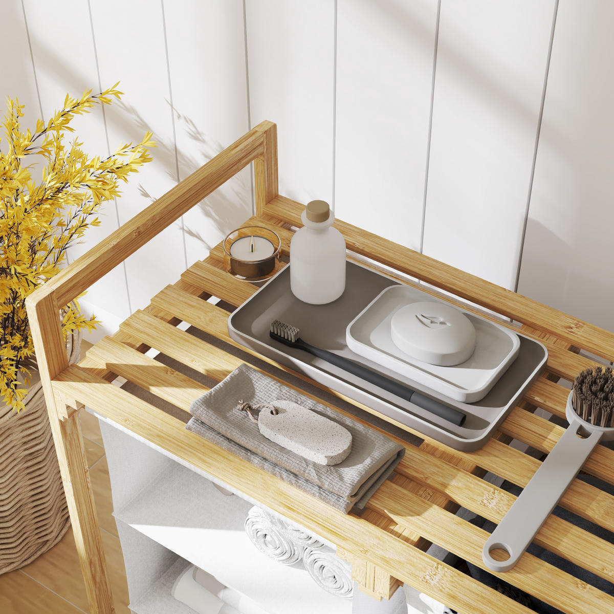 WÄSCHEKORB 4 Fächer, 83 L, mit 2 ausziehbaren und abnehmbaren Vliesstoffsäcken, Bambus weiß, mit Ablage und Griff, Wäschesortierer 70×36×70 cm - Weiß, Holz (36/70/70cm) - Ej. Life