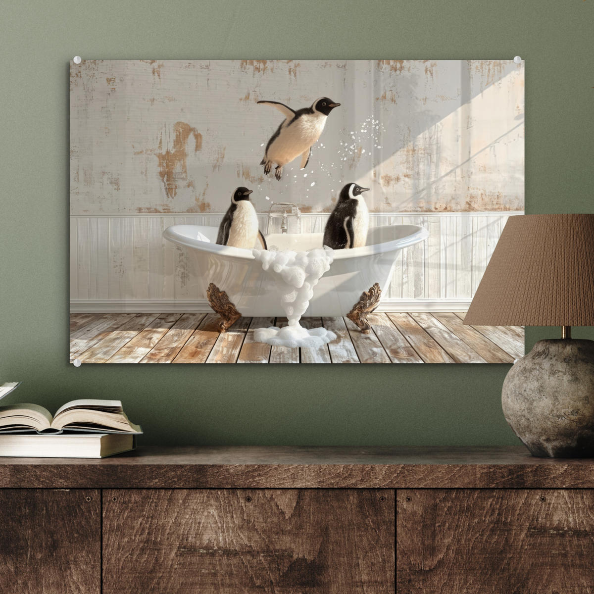 ACRYLGLASBILD Vintage - Pinguin - Badewanne - Schaumstoff 60x40 cm - Schwarz, Glas (60/40cm) - MuchoWow