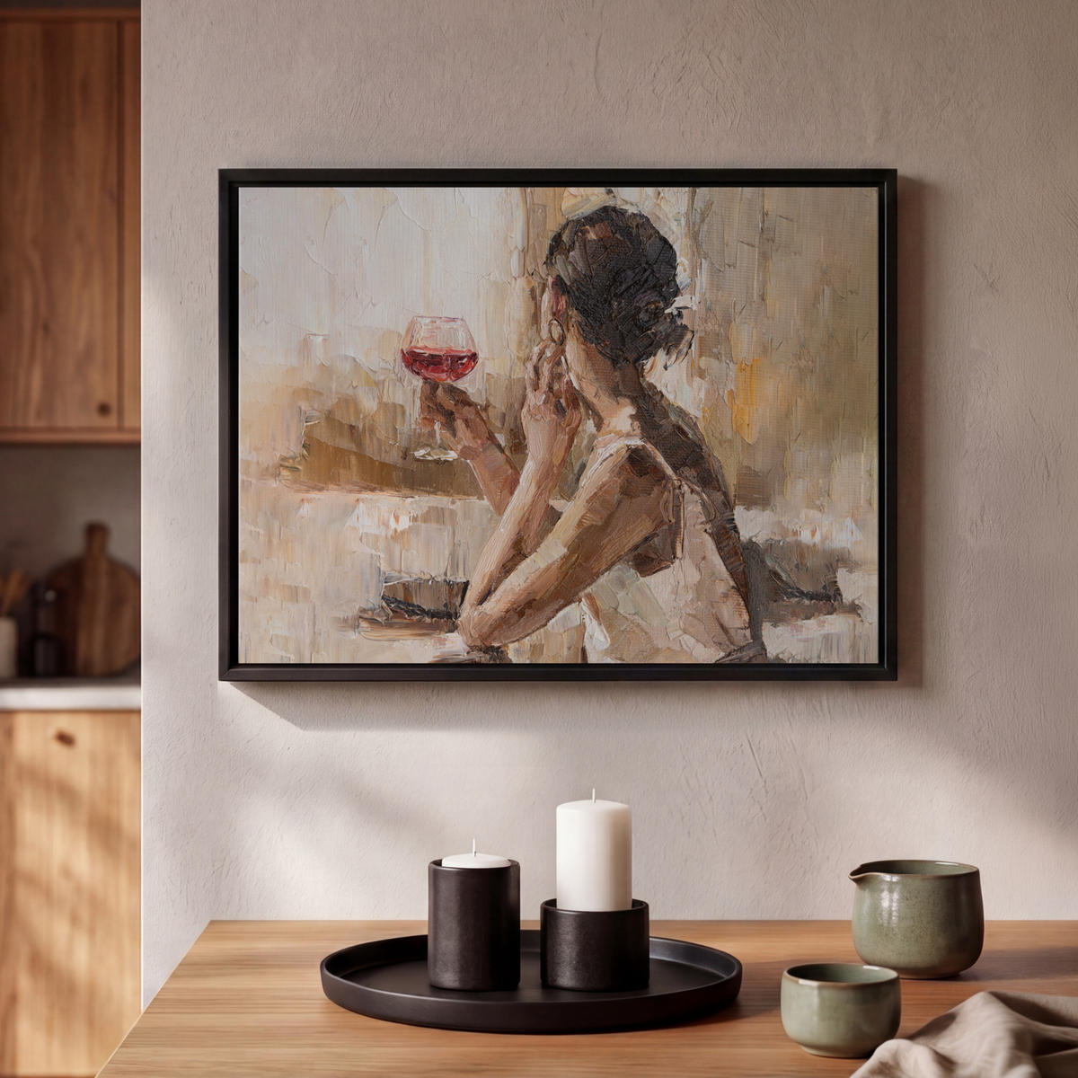 LEINWAND Bilder mit Rahmen - Ölgemälde - Frau - Wein - 40x30 - Hellbraun, Textil (40/30cm) - MuchoWow