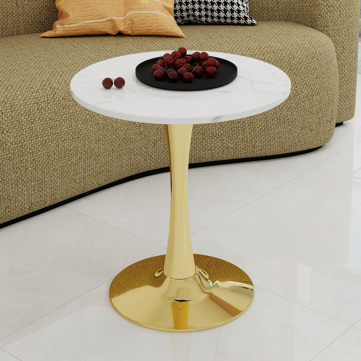 COUCHTISCH 70/70/72 cm Golden Weiß mit runder Kunstmarmorplatte - Goldfarben, Stein (70/70/72cm) - OKWISH
