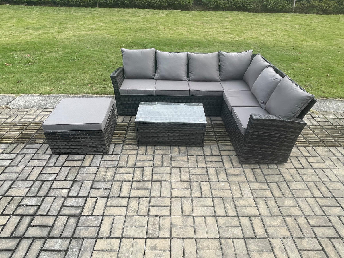 GARTENSOFA SET Hohe Rückenlehne Polyrattan Dunkelgrauer Mix 7-Sitzer - Dunkelgrau/Grau, Glas/Kunststoff - Fimous
