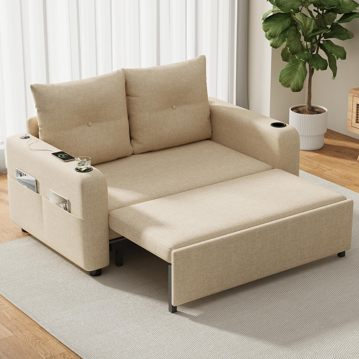 SCHLAFSOFA 3-in-1 Cotton-Linen mit USB-Anschluss und Getränkehaltern Beige 131/81/94 cm - Beige, Textil (81/94/131cm) - Redom