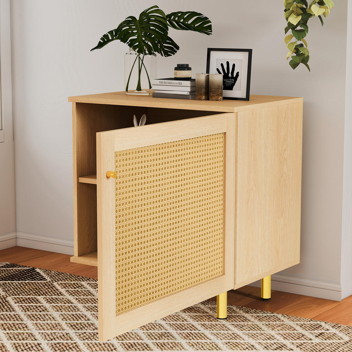 SIDEBOARD aus MDF 40x60x63 cm Natur mit Rattantür, Regalboden und goldfarbenen Metallbeinen - Naturfarben, Holzwerkstoff (60/63/40cm) - Modfu