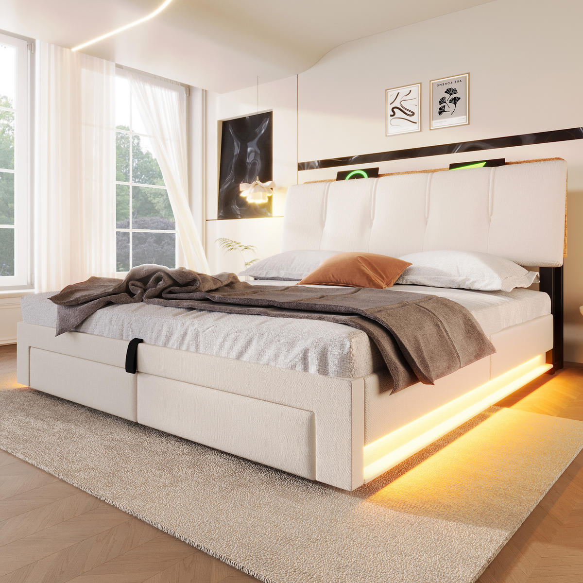 POLSTERBETT 140/200 cm in Beige Leinen mit Bettkasten, Schubladen, LED, USB und Typ-C - Beige, Holzwerkstoff/Textil (140/200cm) - WISHDOR