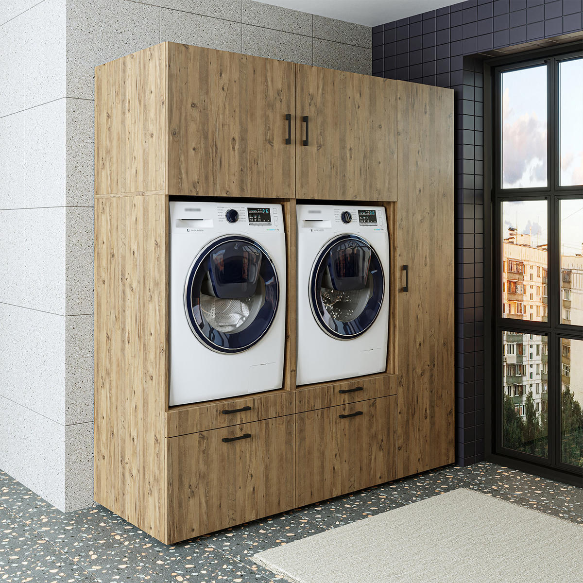 WASCHMASCHINENSCHRANK Serie 2 179cm Breit, 205cm Hoch - Eichefarben, Holzwerkstoff (179/205/67cm)