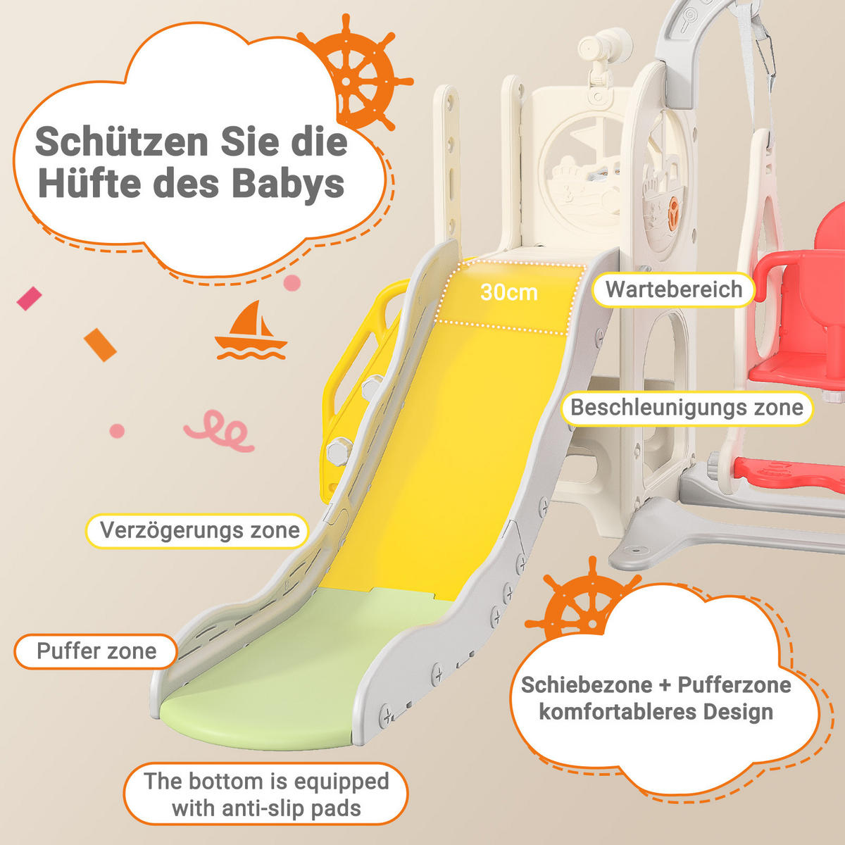6-IN-1 RUTSCHE Kinder Weiß Mit Klettergerüst, Schaukel & Teleskop - Weiß, Holz (150/115/150cm)