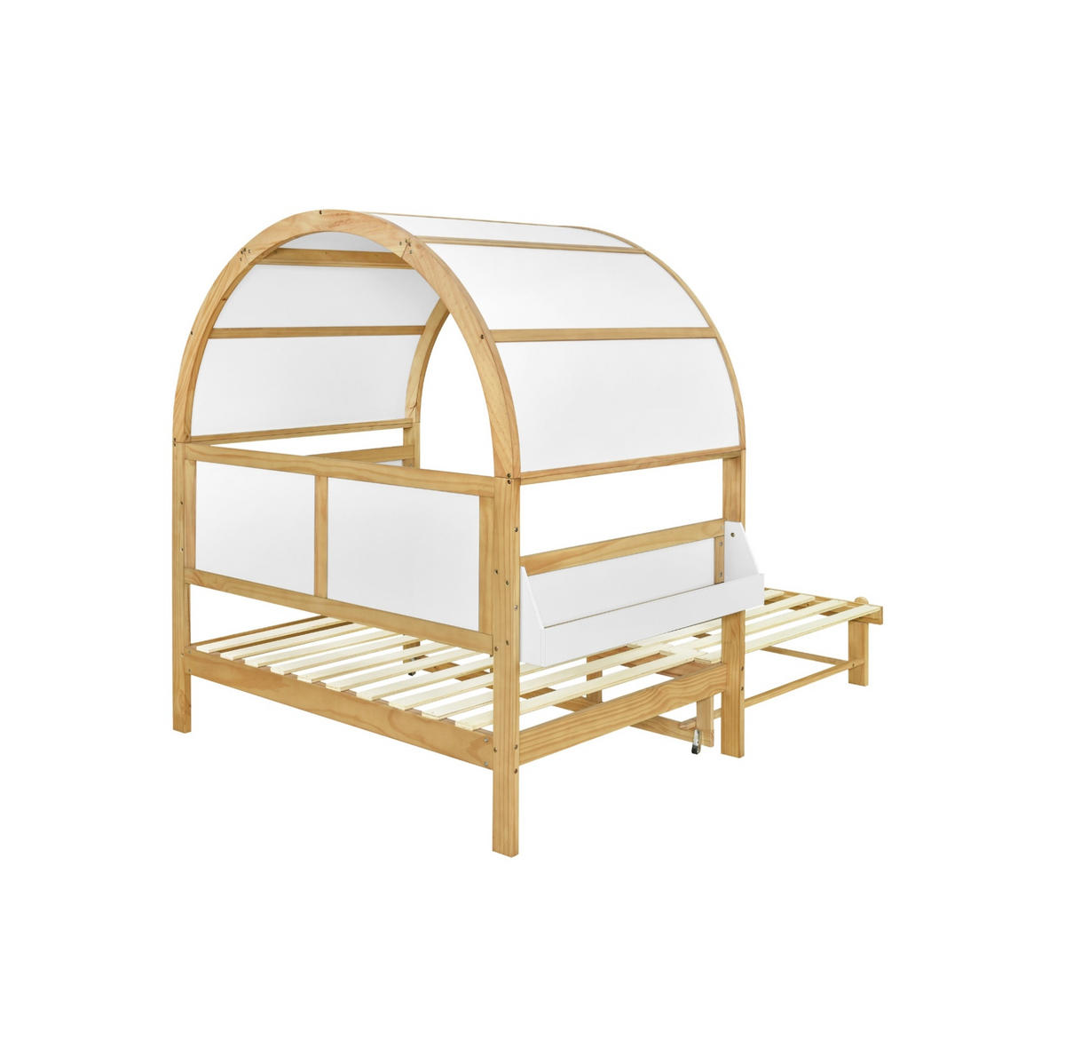HAUSBETT aus Kiefer und MDF 140x200 cm Weiß/Natur mit Ausziehbett, Ablagefläche und gewölbtem Dach - Weiß, Holzwerkstoff (140/200cm) - Modfu