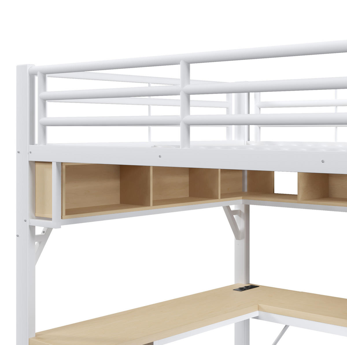 HOCHBETT aus Metall und MDF 140/200 cm mit Schreibtisch, Regal, Schrank, USB und LED-Beleuchtung, Weiß - Weiß, Holzwerkstoff (140/200cm) - Redom