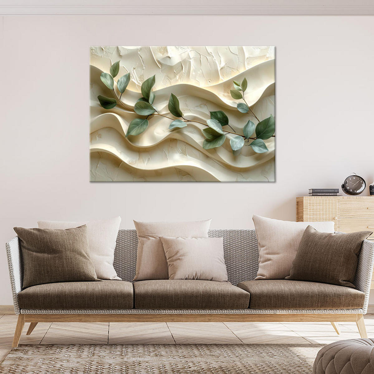 LEINWANDBILD, Grüne Zweige vor welligem Hintergrund - Beige, Textil (30/20cm) - Feeby