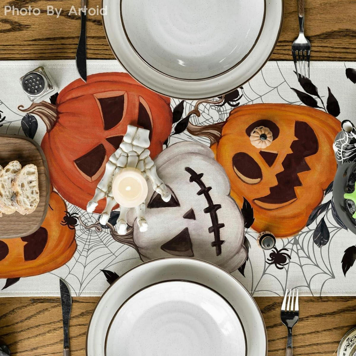 TISCHLÄUFER Halloween Kürbisse Spinnennetz 40 x 140 cm - Multicolor, Textil (140/40/1.5cm)