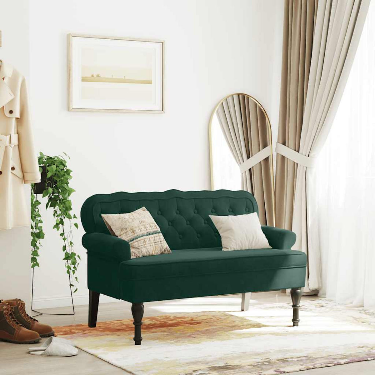 SITZBANK Mit Rückenlehne Dunkelgrün 119,5/64,5/75 Cm Samt - Grün, Naturmaterialen (64.5/75/119.5cm) - vidaXL