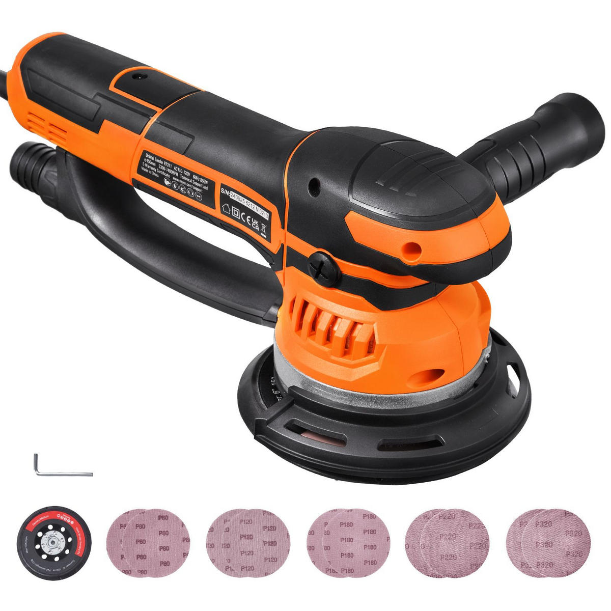 SCHLEIFMASCHINEN UND ZUBEHÖR 11-tlg 150mm Exzenterschleifer 850W 6-Stufen mit Staubabsaugung - Orange, Metall (20/30/10cm) - Raelunyi