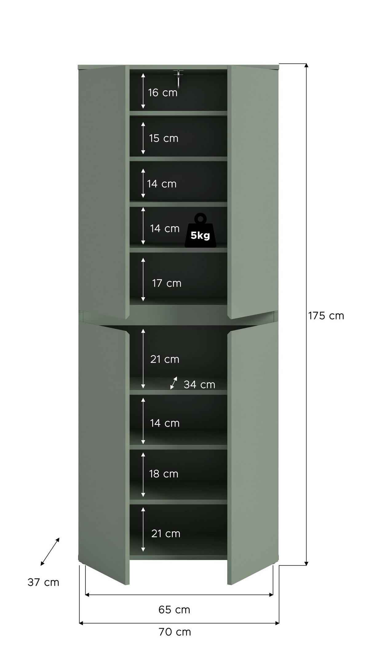 UNIVERSALSCHRANK SCARPA (B/H/T: ca. 70/175/37 cm) in Smoke Green/Smoke Green - Dunkelgrün, Holzwerkstoff (70/175/37cm)