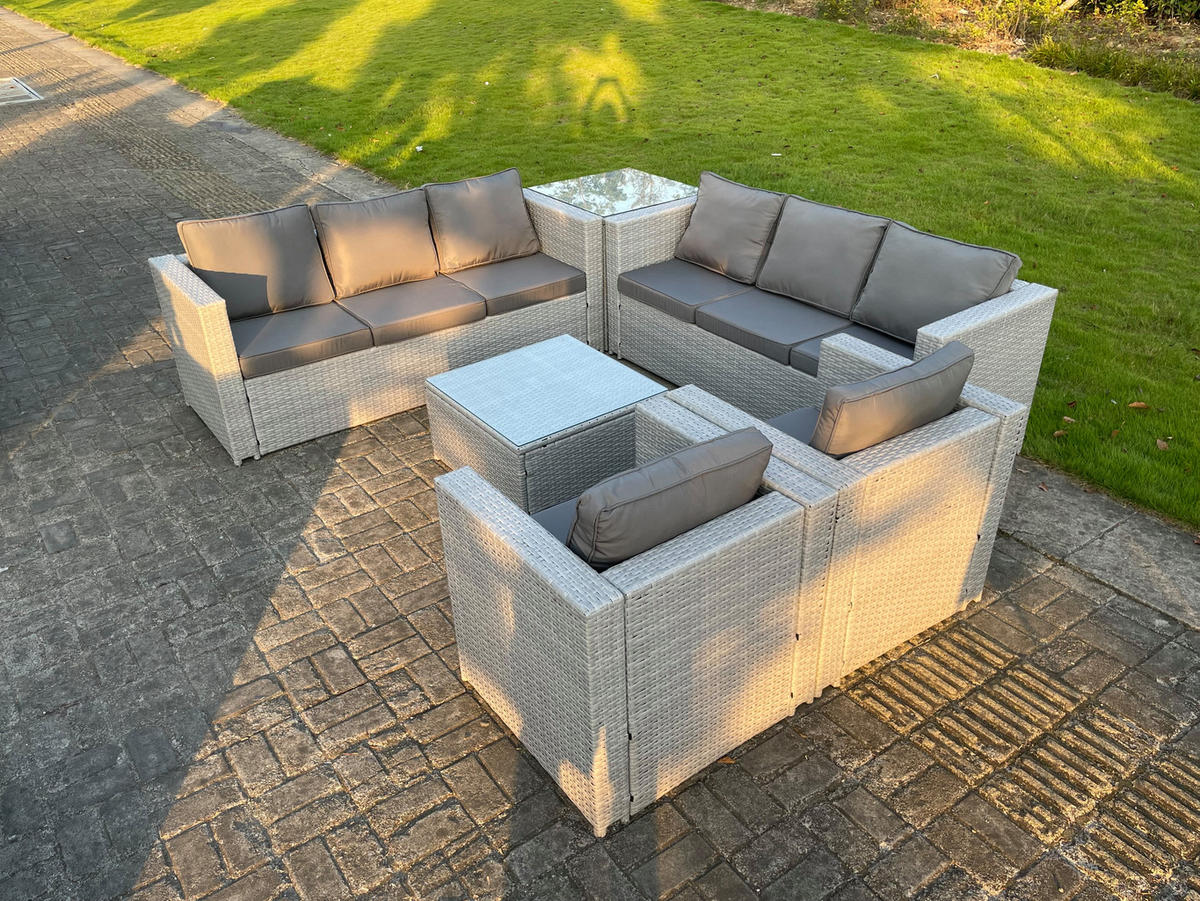 GARTENSOFA SET mit Couchtisch Polyrattan Helles Grau 8-Sitzer - Hellgrau, Metall - Fimous