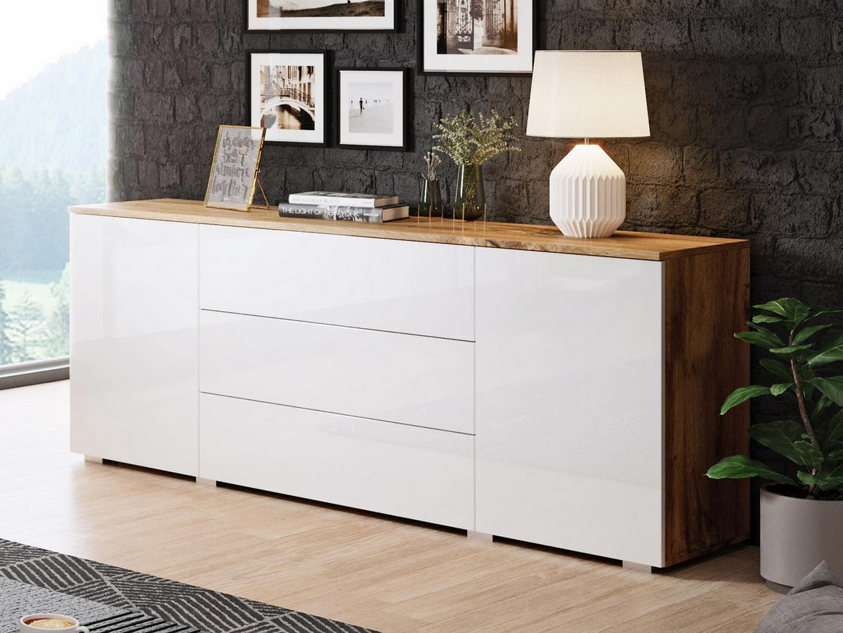 KOMMODE Paris 150 - Weiß Hochglanz/Eiche Wotan, Holzwerkstoff (150/68/39cm) - MIRJAN24