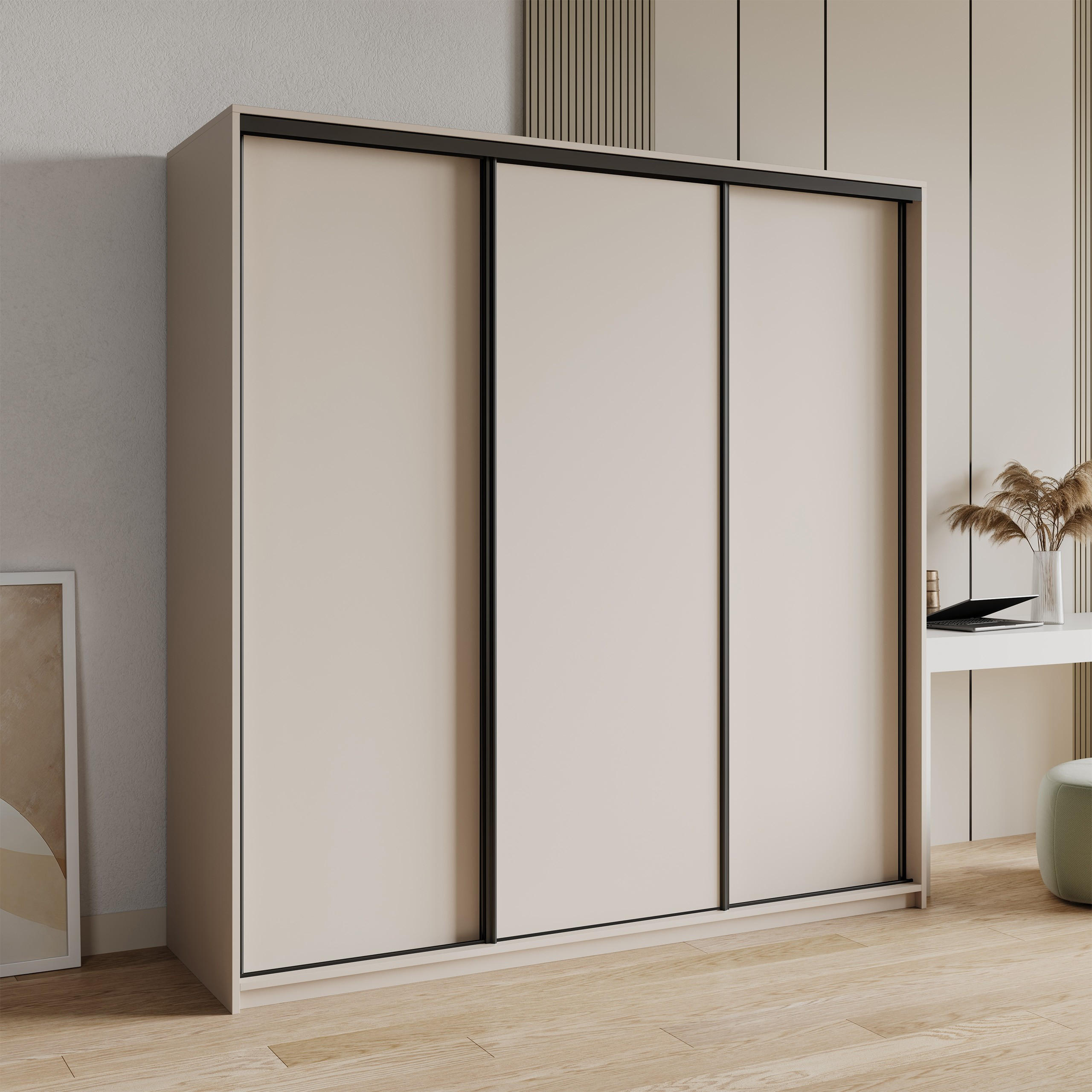 SCHWEBETÜRENSCHRANK NISSE 180/205/60 cm 3-türig mit Schubladen Kaschmir - Kaschmir/Schwarz, Holzwerkstoff (180/205/60cm) - MASSENO