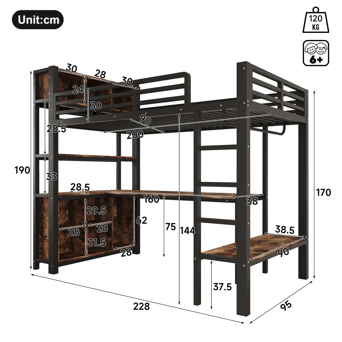 HOCHBETT Metall & MDF 90x200 cm Schwarz mit Schreibtisch, Kleiderstange und Regalen - Schwarz, Holzwerkstoff (90/200cm) - Modfu