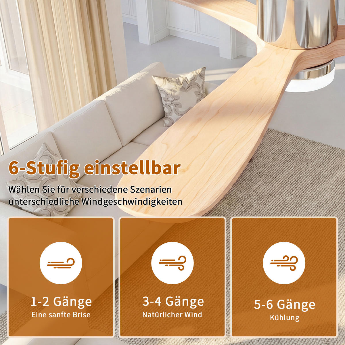 DECKENVENTILATOR mit LED-Licht, 132 cm, Holzflügel, 6 Stufen & Timer - Naturfarben, Metall (132/132/28cm) - EuroLiving