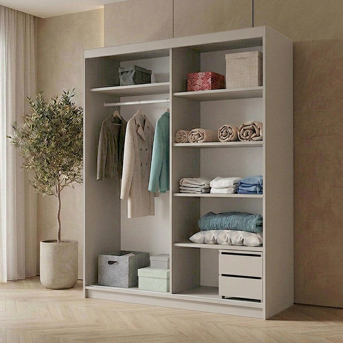 SCHWEBETÜRENSCHRANK Hela mit 2 Türen und Schubkasteneinsatz, 160 cm, Kaschmir - Kaschmir, Holzwerkstoff (160/205/60cm) - Beautysofa
