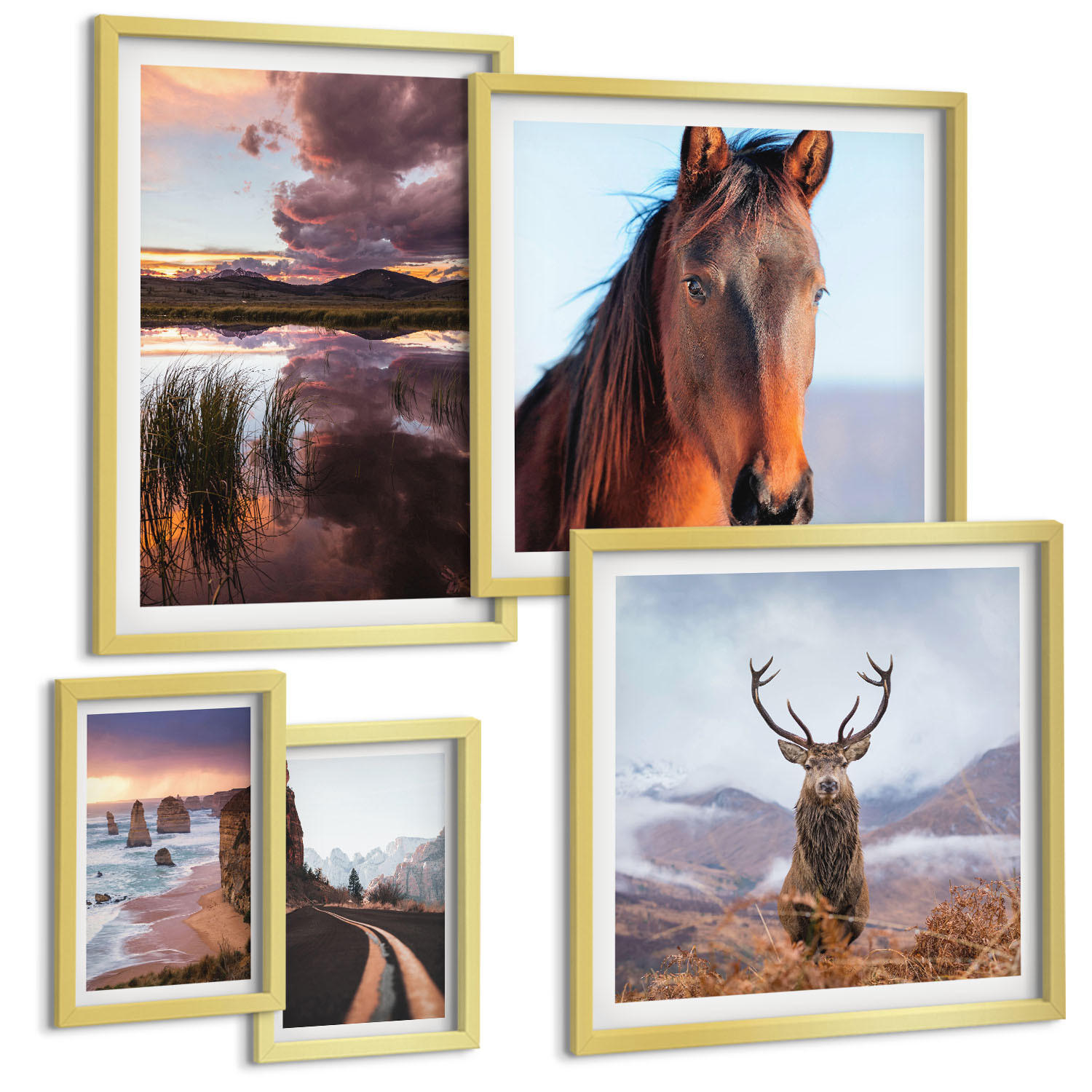 BILDER SET 5er Set - 50x50 cm & 20x30 cm & 40x60 cm Goldrahmen - Berglandschaften, Rentiere, Pferdestraße - Goldfarben, Kunststoff (40/60cm) - TULUP