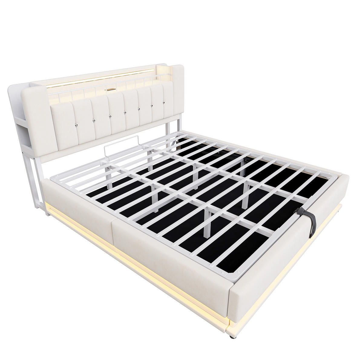 POLSTERBETT 180/200 cm in Beige Samt mit Bettkasten, LED und USB - Beige, Holzwerkstoff/Textil (180/200cm) - WISHDOR
