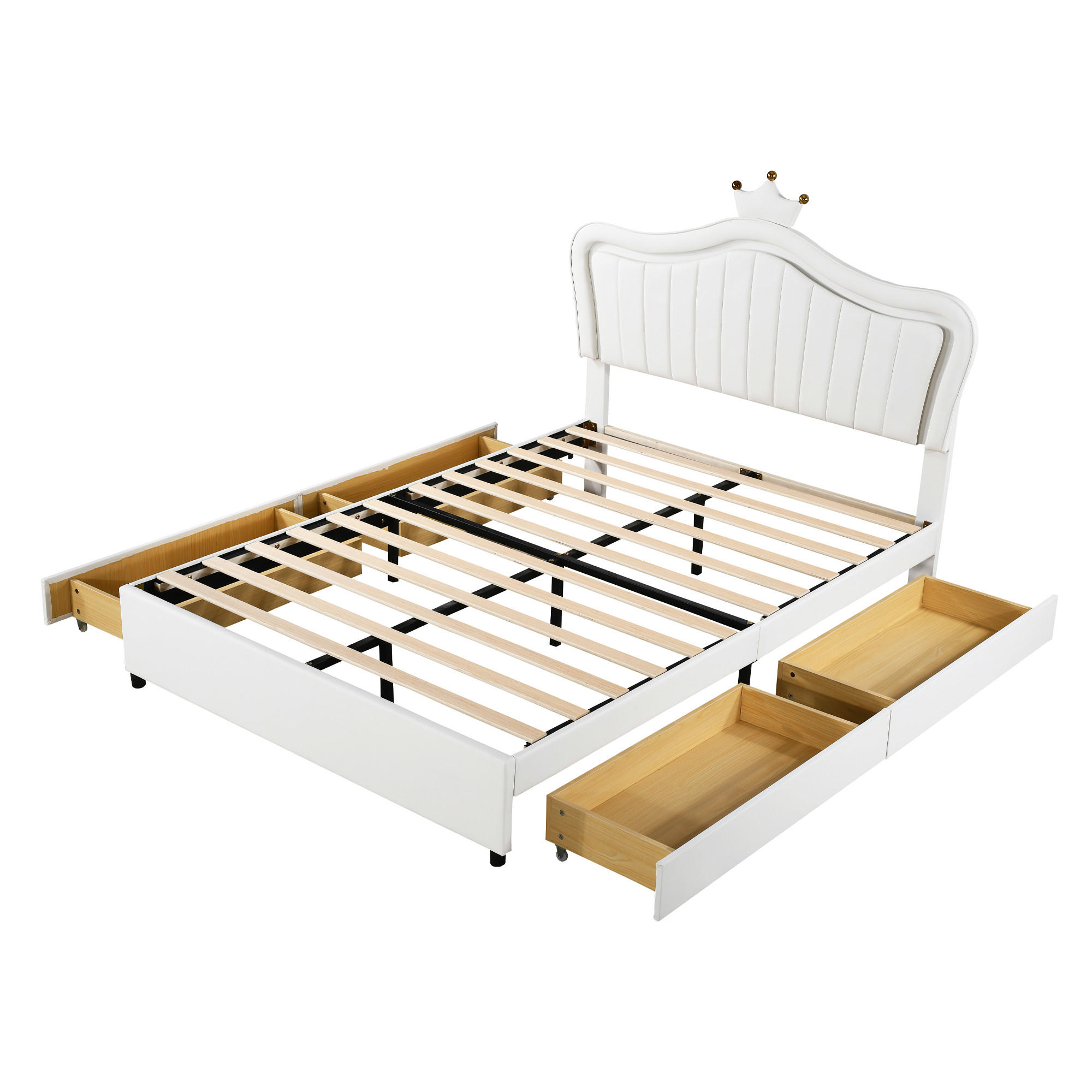 KINDERBETT 140x200 cm Weiß PU Leder Stauraum LED Lattenrost - Weiß, Holzwerkstoff - FLIEKS