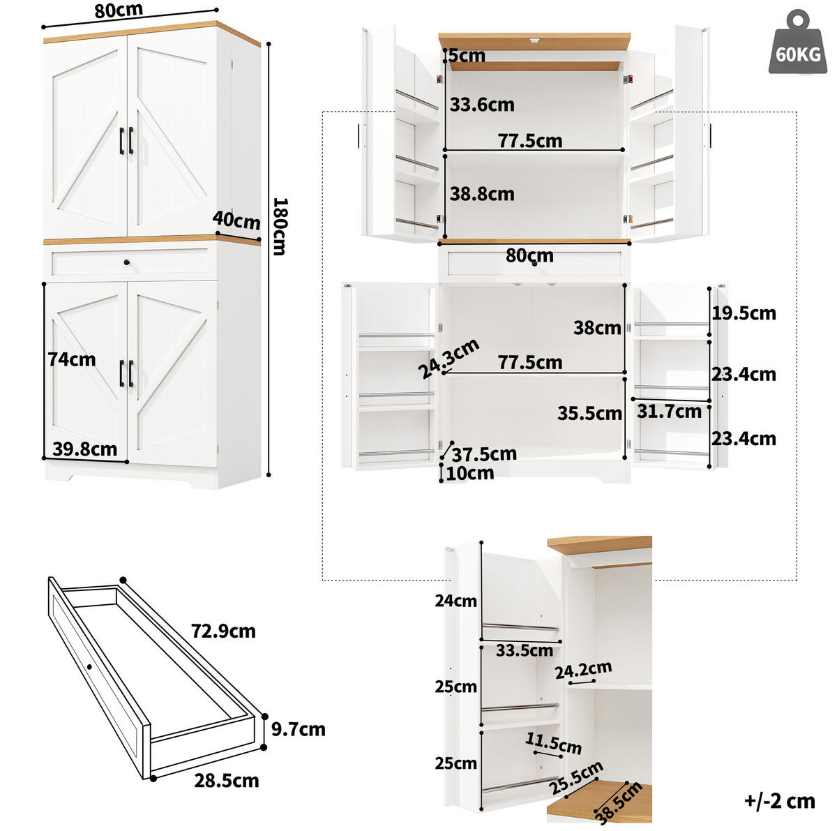 BUFFET 80/40/180 cm in Weiß mit Schubladen und offenem Regal - Weiß, Holzwerkstoff (80/180/40cm) - Flora Grace