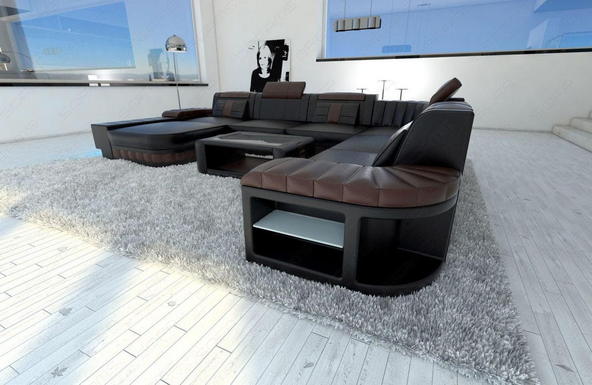 WOHNLANDSCHAFT Bellagio Schwarz Dunkelbraun Büffelleder - Schwarz, Leder (362/80/287cm)