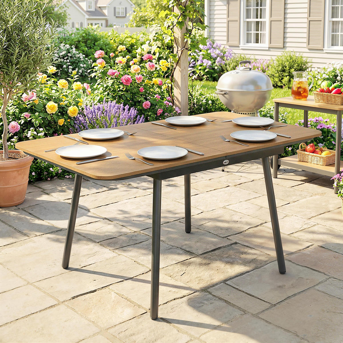 GARTENTISCH rechteckig 140/80/75 cm Teak - Schwarz/Teakfarben, Metall (140/80/75cm) - Outsunny