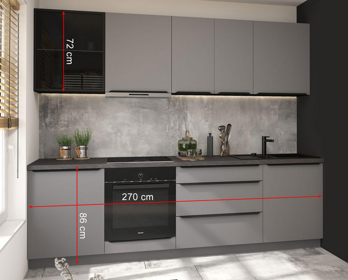 KÜCHENLEERBLOCK Bonn dust grey matt / lava matt 270 / 50 / 208cm mit Teilauszug (Blum Metabox) - Graphitfarben/Grau, Holzwerkstoff/Metall (270/208/50cm) - Feldmann-Wohnen