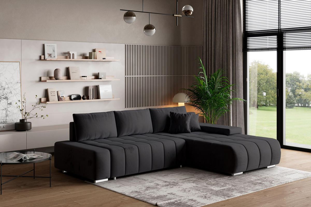 ECKSOFA ALESE R-S Schwarz Velours-Stoff mit Schlaffunktion - Schwarz, Holz (265/185cm) - MASSENO