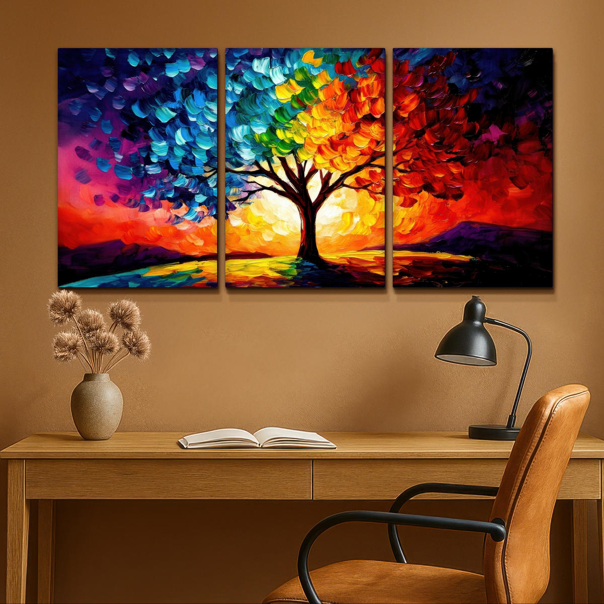 LEINWANDBILD 3er Set Baum - Farbenfroh - Malerei-Look - Abstrakt 120x60 cm - Multicolor, Textil (120/60cm) - MuchoWow