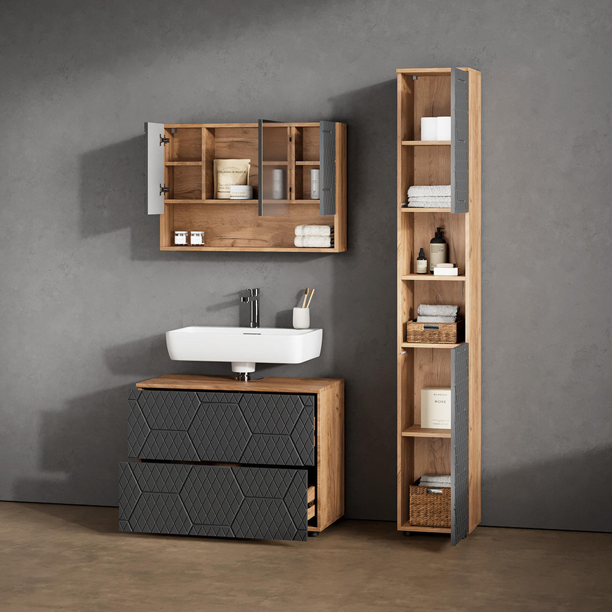 BADSCHRANK Ronco Anthrazit gestreift 30 x 192 cm - Eichefarben/Anthrazit, Holzwerkstoff (30/192/30cm) - Livinity®