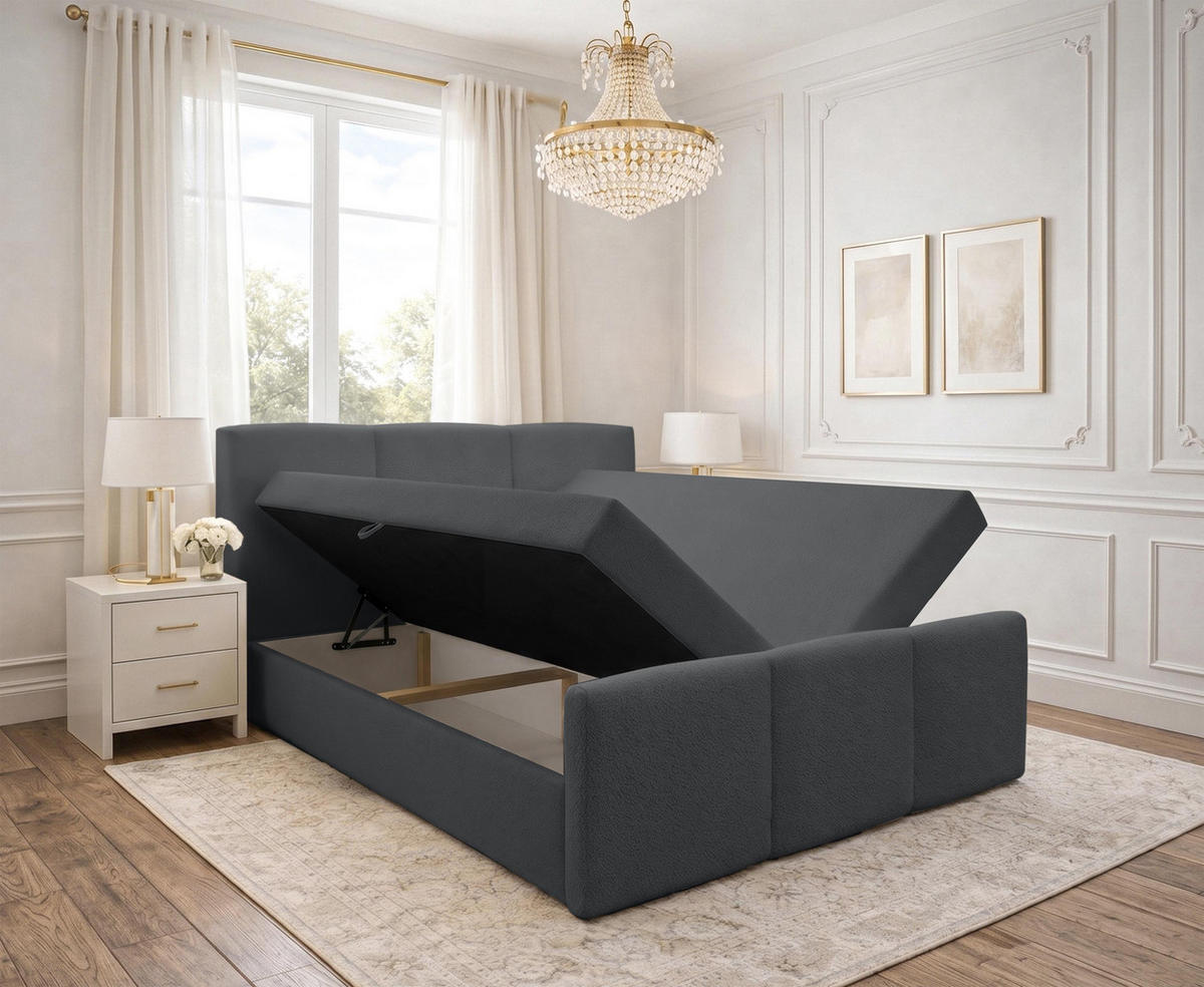 BOXBETT ANKARRA 160x200 cm mit Bettkasten und Matratze - Grau + TOPPER - Schwarz/Grau, Holz/Holzwerkstoff (160/200cm) - AX Living