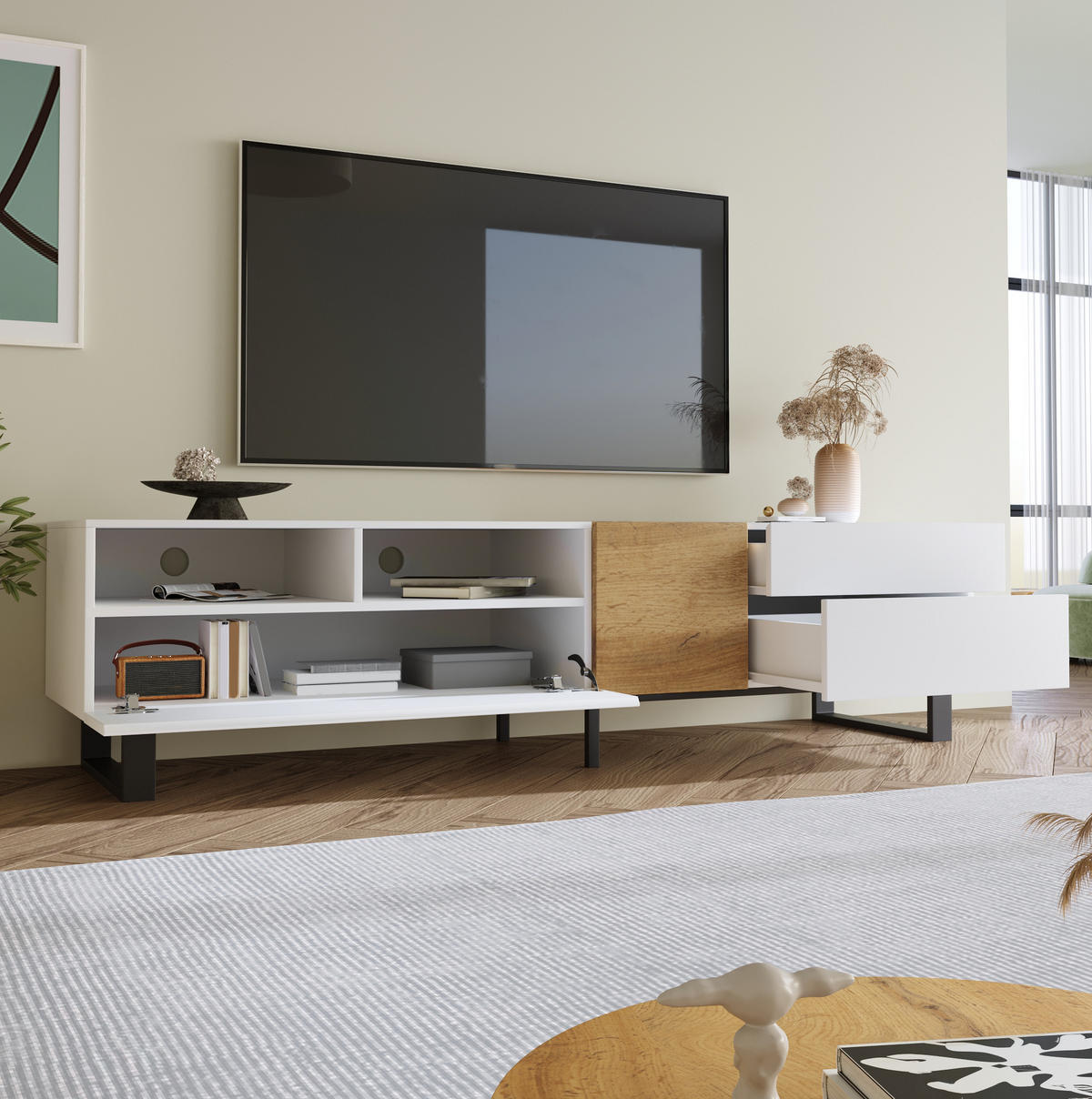 TV-SCHRANK in Weiß/Holzoptik mit 2 Schubladen 180/38/50 cm - Weiß, Holzwerkstoff (180/50/38cm) - Redom