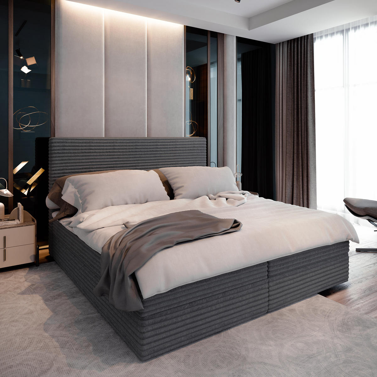 BOXBETT PISA 180x200 cm mit Matratze und Topper - Graphitfarben - Graphitfarben, Holz (180/200cm) - MASSENO