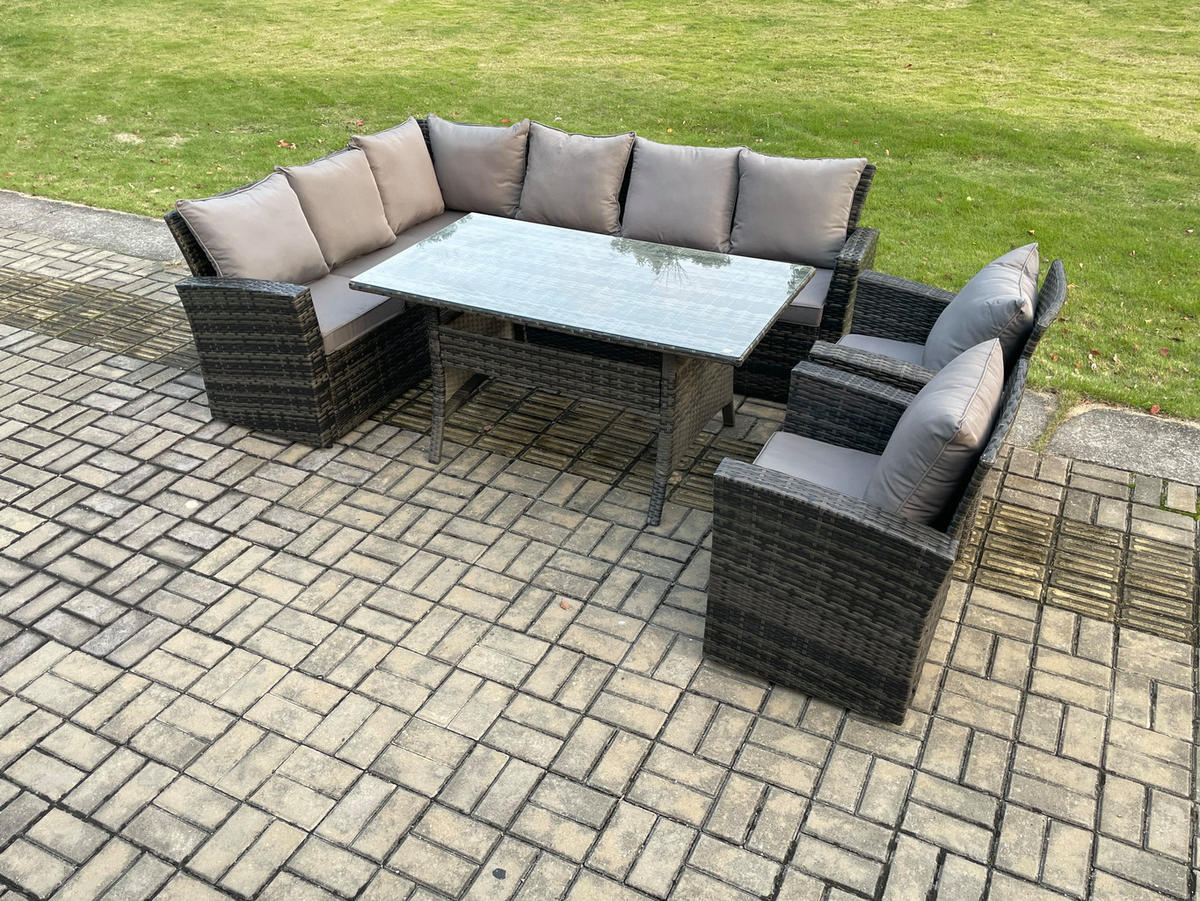 GARTENLOUNGE mit Ecksofa Polyrattan Dunkelgrau 8-Sitzer - Dunkelgrau/Grau, Glas/Kunststoff - Fimous
