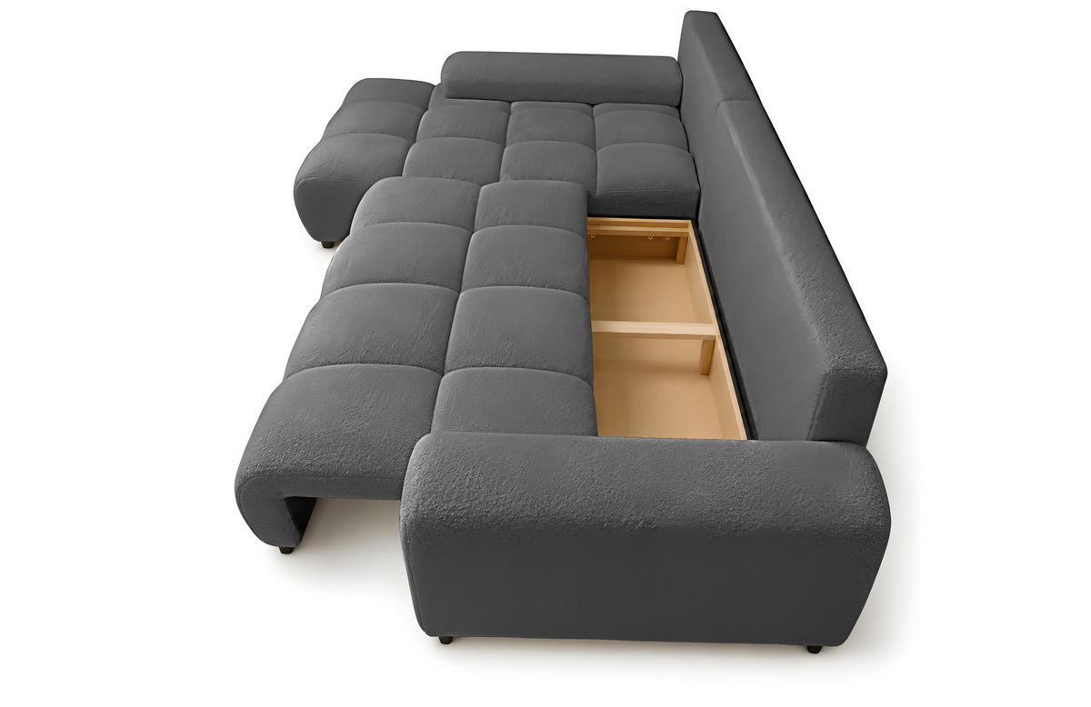 ECKSOFA Ovia mit Bettkasten und Schlaffunktion, Bouclé-Stoff in L-Form - Dunkelgrau, Textil (270/185cm)