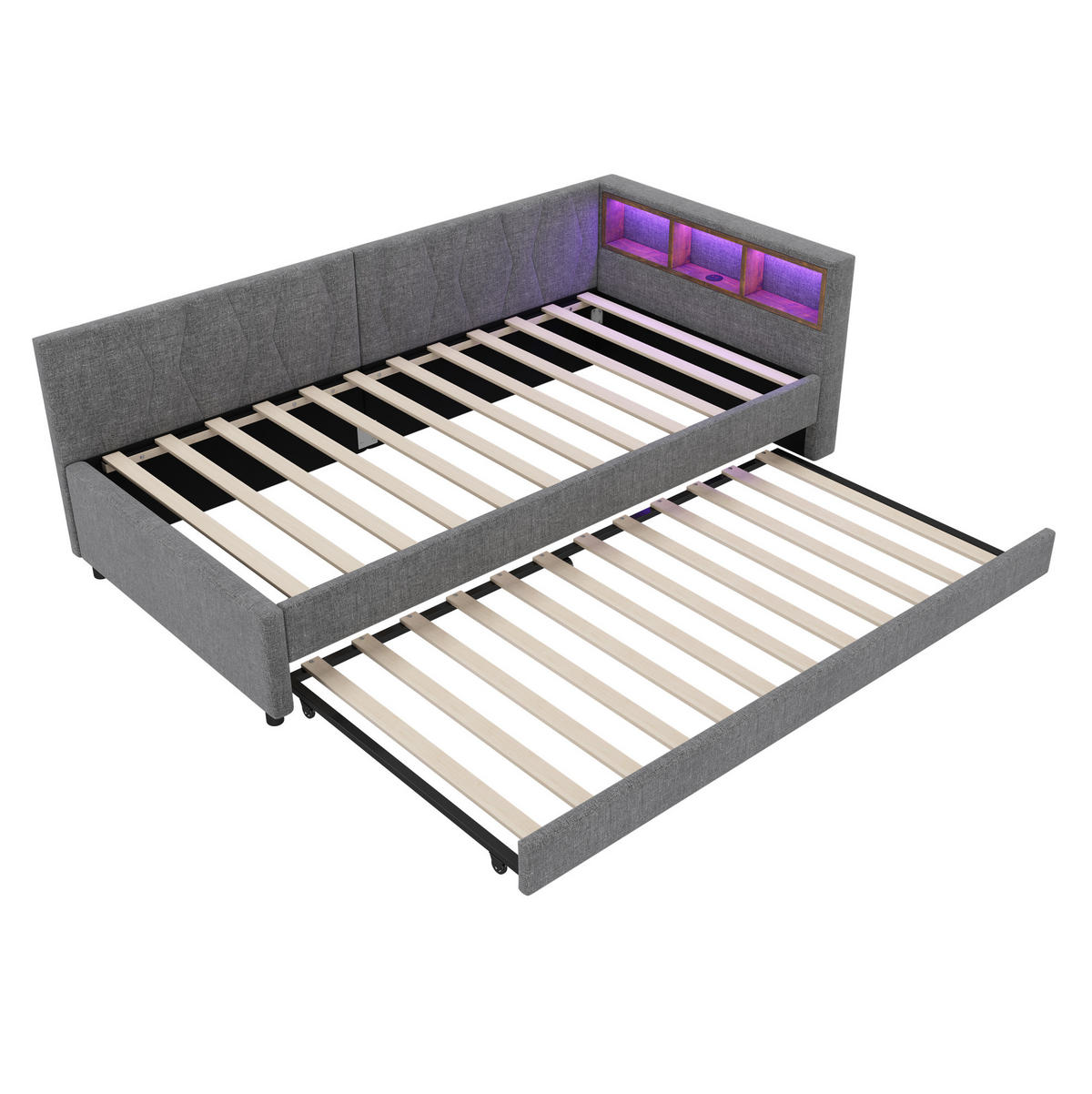 POLSTERBETT 90/200 cm Grau mit LED-Beleuchtung und USB- und Type-C-Anschlüssen - Grau, Textil (90/200cm) - Flora Grace